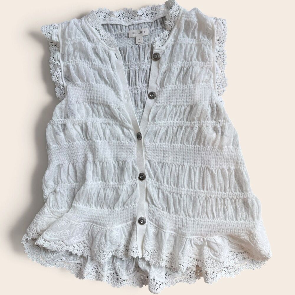 Anthropologie Pilcro White Smocked Lace Button Front Top M Boho Cottagecore